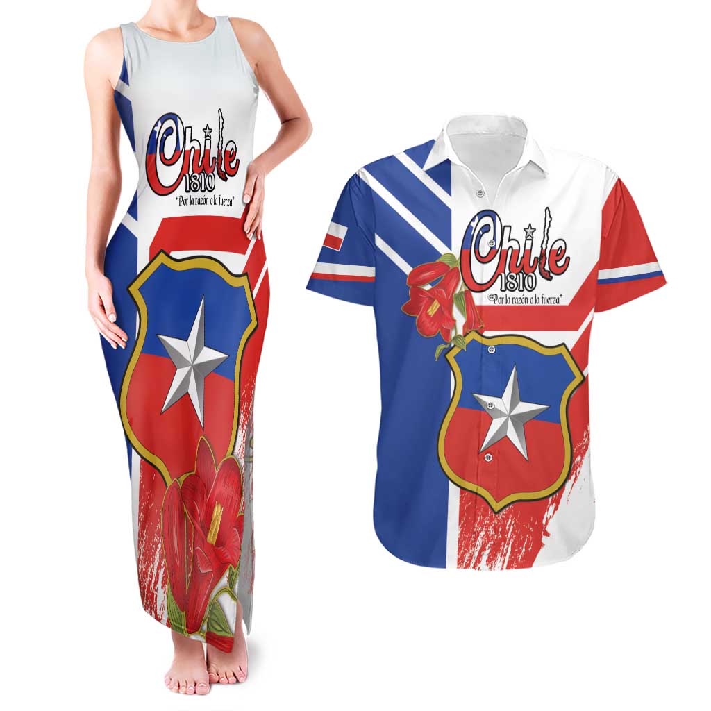 Personalized Chile Independence Day Couples Matching Tank Maxi Dress and Hawaiian Shirt Chilean Coat Of Arms Copihue Flag Style - Wonder Print Shop