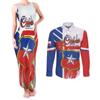 Personalized Chile Independence Day Couples Matching Tank Maxi Dress and Long Sleeve Button Shirt Chilean Coat Of Arms Copihue Flag Style - Wonder Print Shop