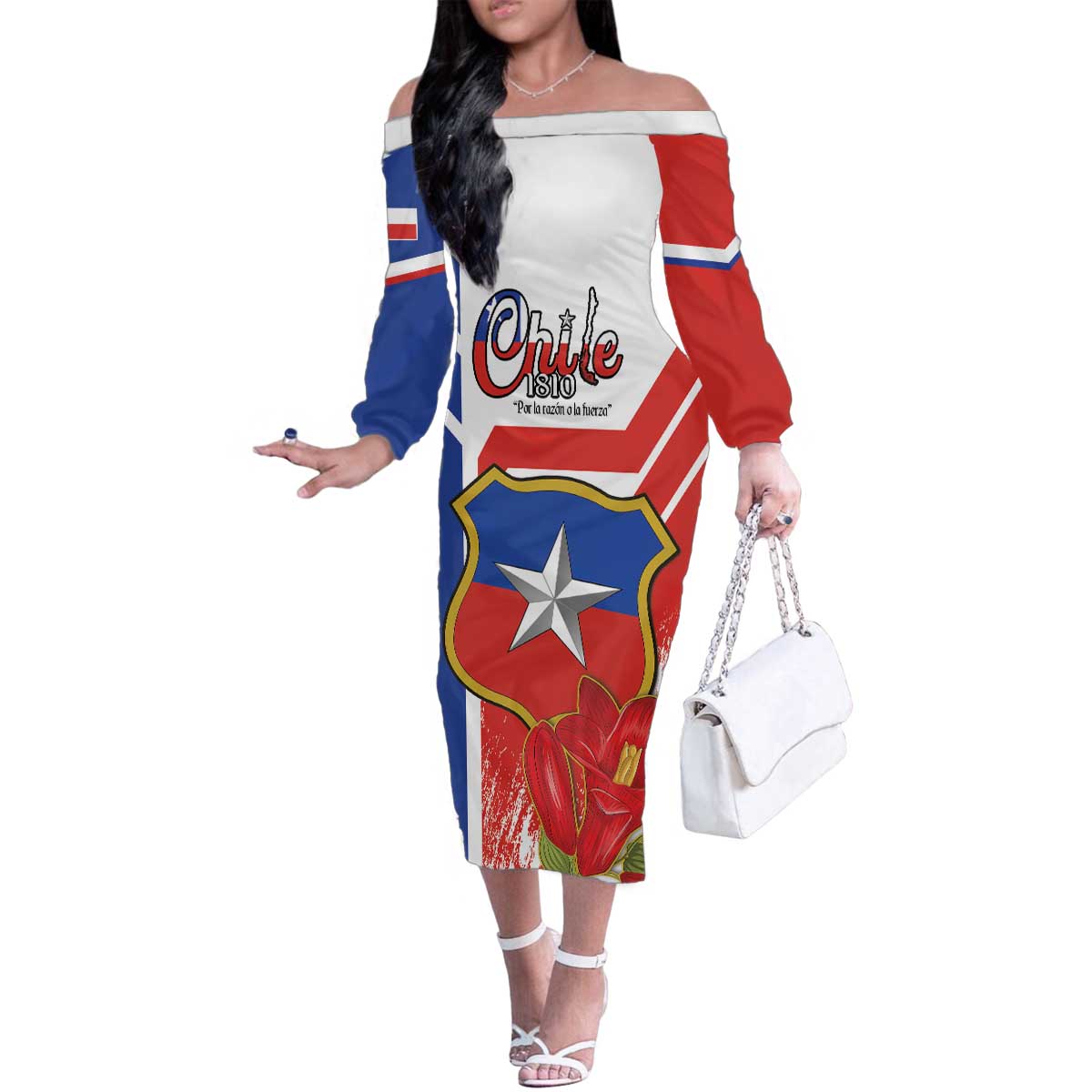 Personalized Chile Independence Day Family Matching Off The Shoulder Long Sleeve Dress and Hawaiian Shirt Chilean Coat Of Arms Copihue Flag Style - Wonder Print Shop