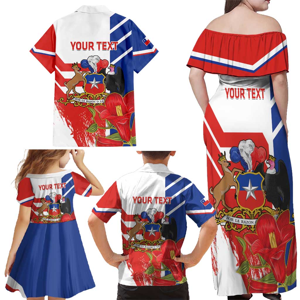 Personalized Chile Independence Day Family Matching Off Shoulder Maxi Dress and Hawaiian Shirt Chilean Coat Of Arms Copihue Flag Style - Wonder Print Shop