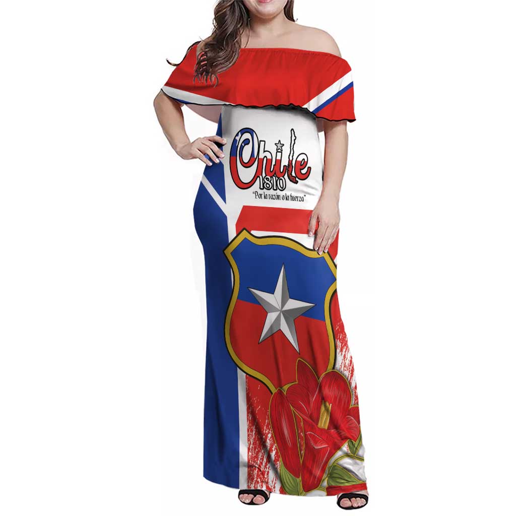 Personalized Chile Independence Day Family Matching Off Shoulder Maxi Dress and Hawaiian Shirt Chilean Coat Of Arms Copihue Flag Style - Wonder Print Shop