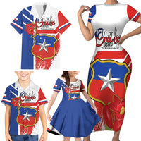 Personalized Chile Independence Day Family Matching Short Sleeve Bodycon Dress and Hawaiian Shirt Chilean Coat Of Arms Copihue Flag Style - Wonder Print Shop