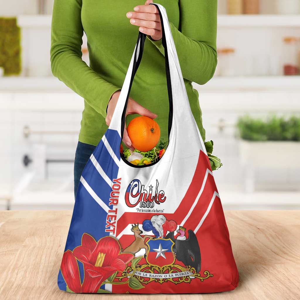 Personalized Chile Independence Day Grocery Bag Chilean Coat Of Arms Copihue Flag Style