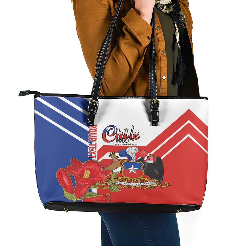 Personalized Chile Independence Day Leather Tote Bag Chilean Coat Of Arms Copihue Flag Style - Wonder Print Shop