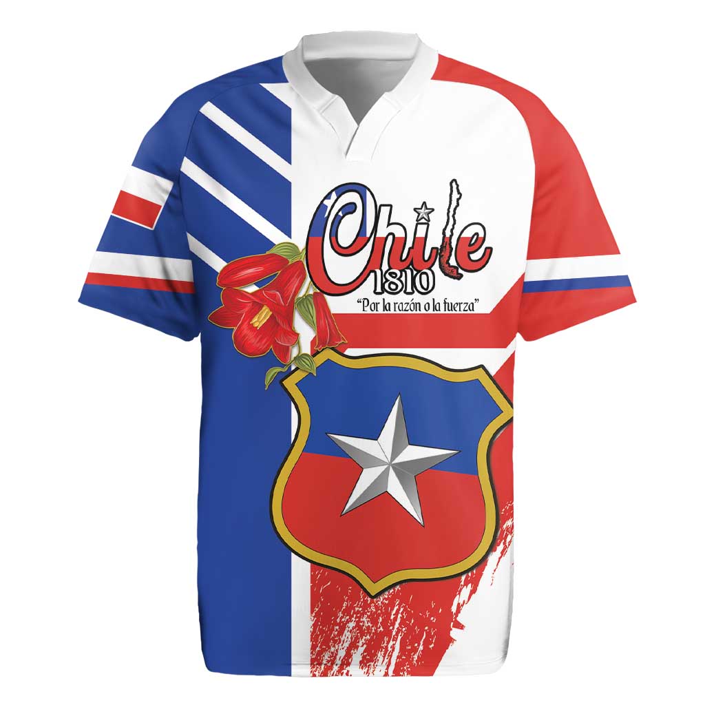 Personalized Chile Independence Day Rugby Jersey Chilean Coat Of Arms Copihue Flag Style - Wonder Print Shop
