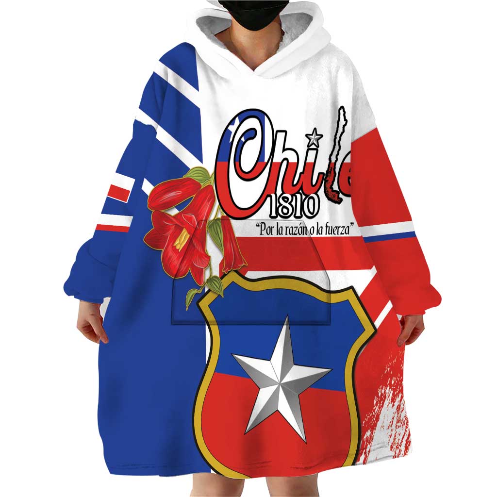 Personalized Chile Independence Day Wearable Blanket Hoodie Chilean Coat Of Arms Copihue Flag Style - Wonder Print Shop
