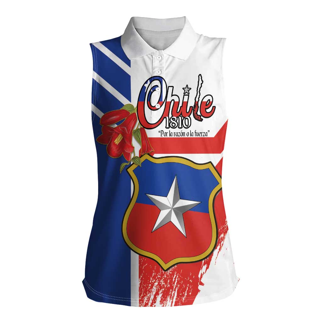 Personalized Chile Independence Day Women Sleeveless Polo Shirt Chilean Coat Of Arms Copihue Flag Style - Wonder Print Shop