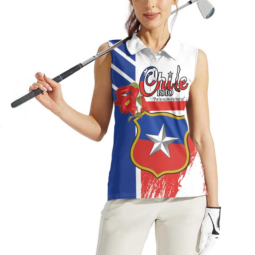 Personalized Chile Independence Day Women Sleeveless Polo Shirt Chilean Coat Of Arms Copihue Flag Style - Wonder Print Shop