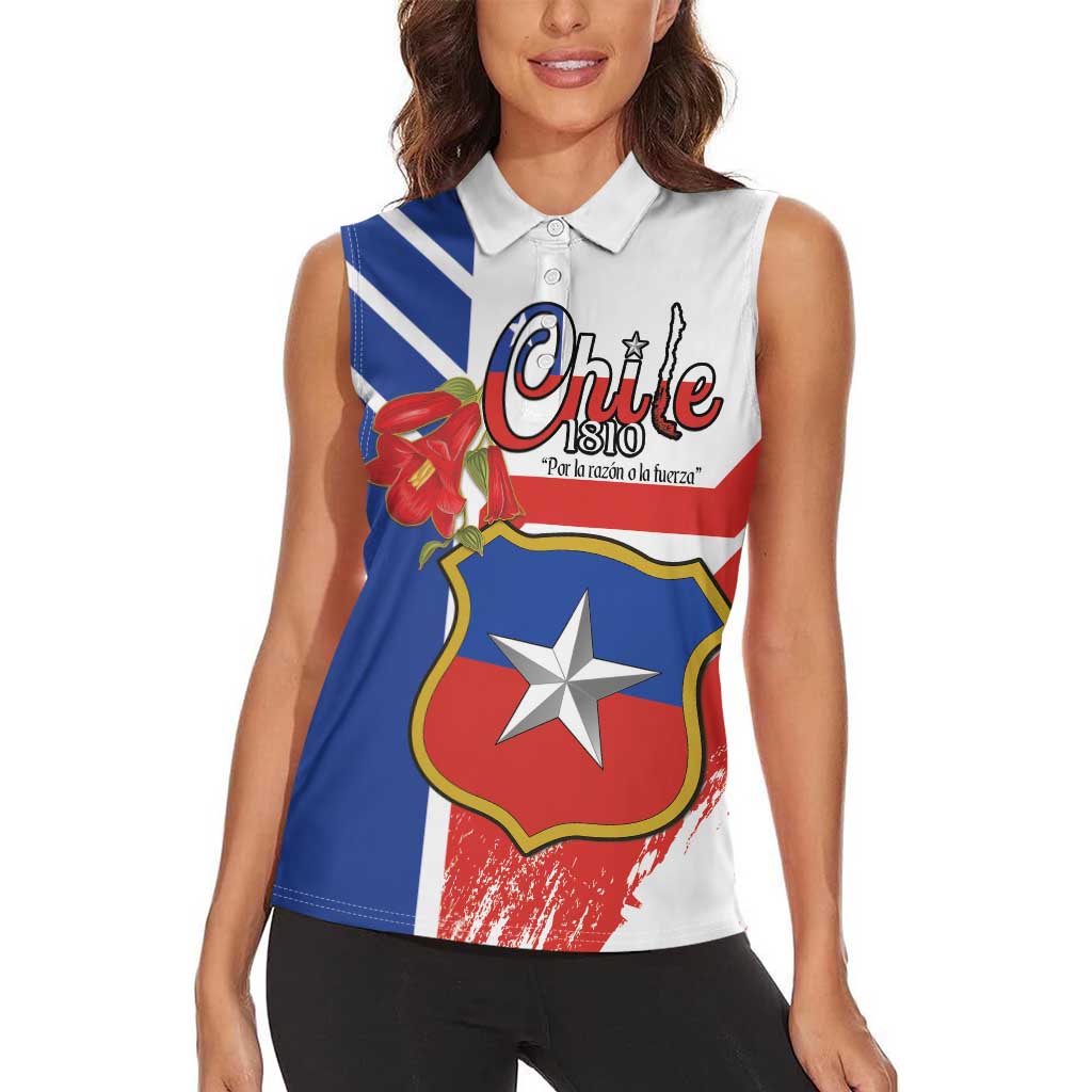Personalized Chile Independence Day Women Sleeveless Polo Shirt Chilean Coat Of Arms Copihue Flag Style - Wonder Print Shop