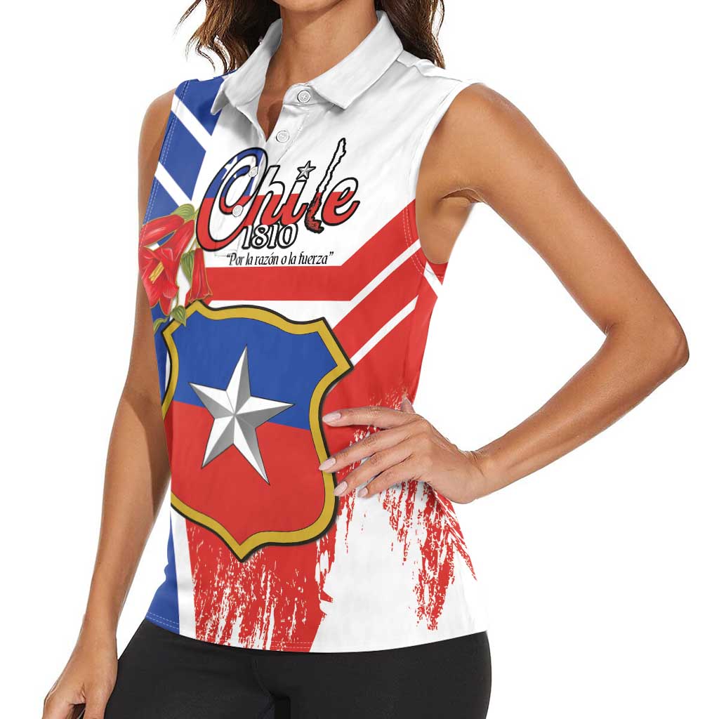 Personalized Chile Independence Day Women Sleeveless Polo Shirt Chilean Coat Of Arms Copihue Flag Style - Wonder Print Shop