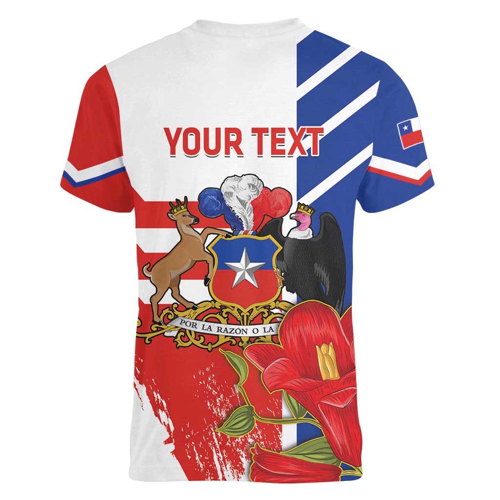 Personalized Chile Independence Day Women V-Neck T-Shirt Chilean Coat Of Arms Copihue Flag Style - Wonder Print Shop