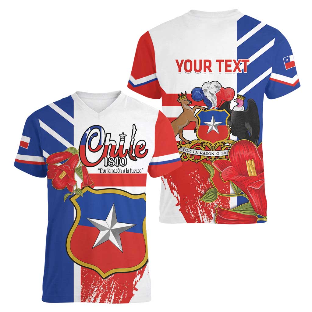 Personalized Chile Independence Day Women V-Neck T-Shirt Chilean Coat Of Arms Copihue Flag Style - Wonder Print Shop