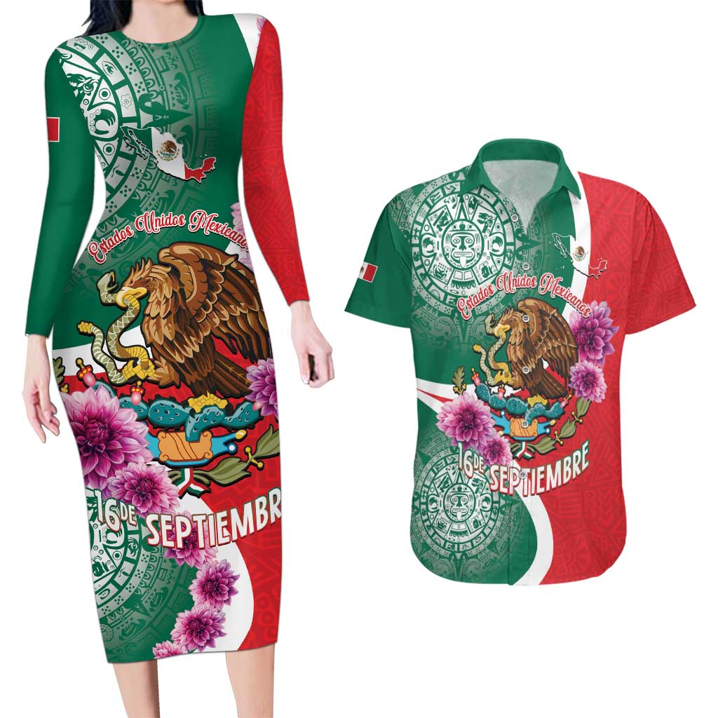Personalized Mexico Independence Day Couples Matching Long Sleeve Bodycon Dress and Hawaiian Shirt 16 De Septiembre Mexican Aztec - Wonder Print Shop