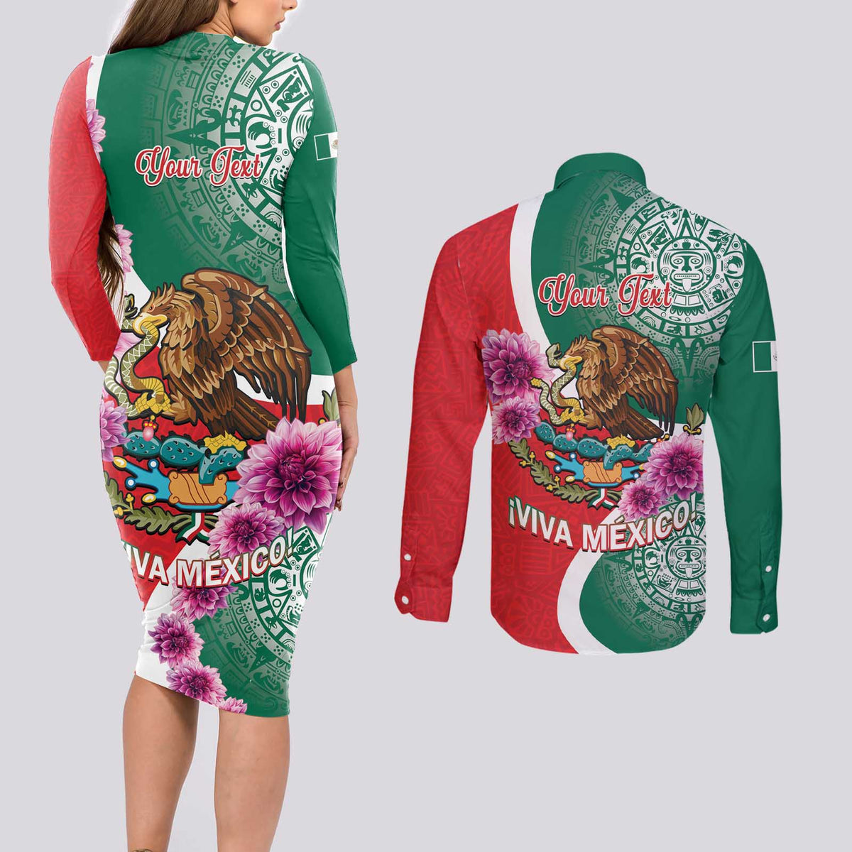 Personalized Mexico Independence Day Couples Matching Long Sleeve Bodycon Dress and Long Sleeve Button Shirt 16 De Septiembre Mexican Aztec - Wonder Print Shop