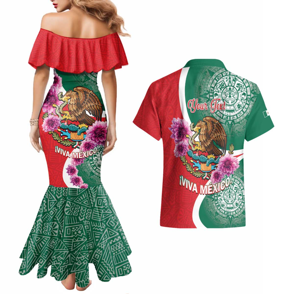 Personalized Mexico Independence Day Couples Matching Mermaid Dress and Hawaiian Shirt 16 De Septiembre Mexican Aztec - Wonder Print Shop