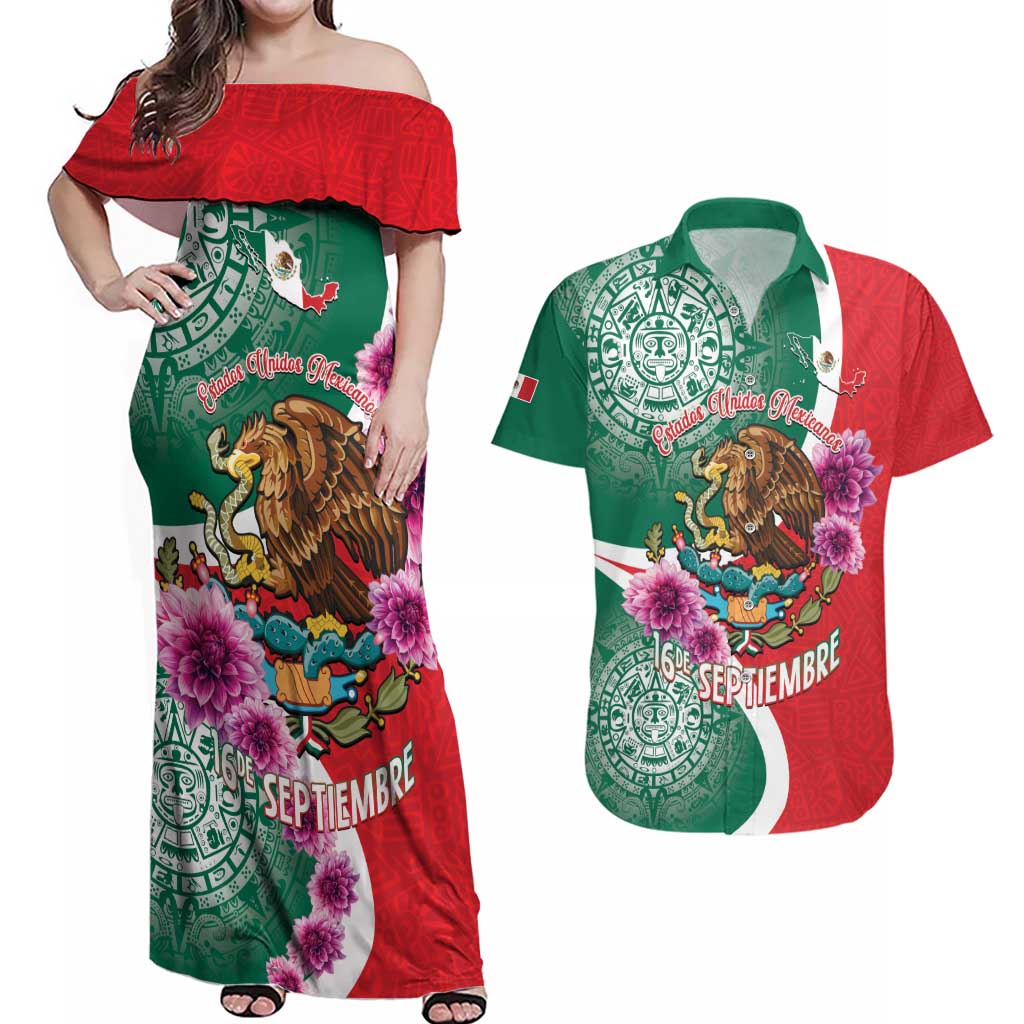 Personalized Mexico Independence Day Couples Matching Off Shoulder Maxi Dress and Hawaiian Shirt 16 De Septiembre Mexican Aztec - Wonder Print Shop