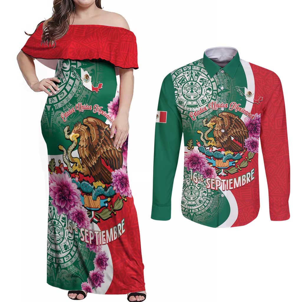 Personalized Mexico Independence Day Couples Matching Off Shoulder Maxi Dress and Long Sleeve Button Shirt 16 De Septiembre Mexican Aztec - Wonder Print Shop