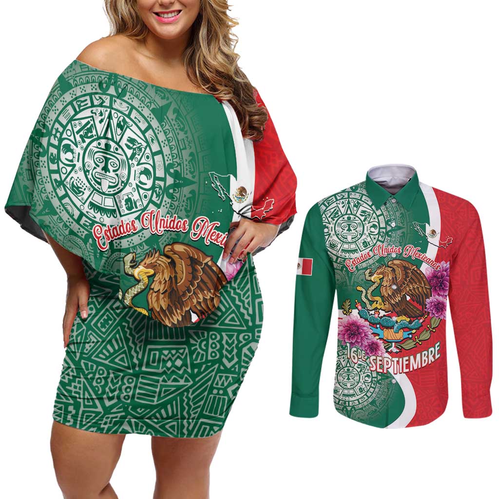 Personalized Mexico Independence Day Couples Matching Off Shoulder Short Dress and Long Sleeve Button Shirt 16 De Septiembre Mexican Aztec - Wonder Print Shop