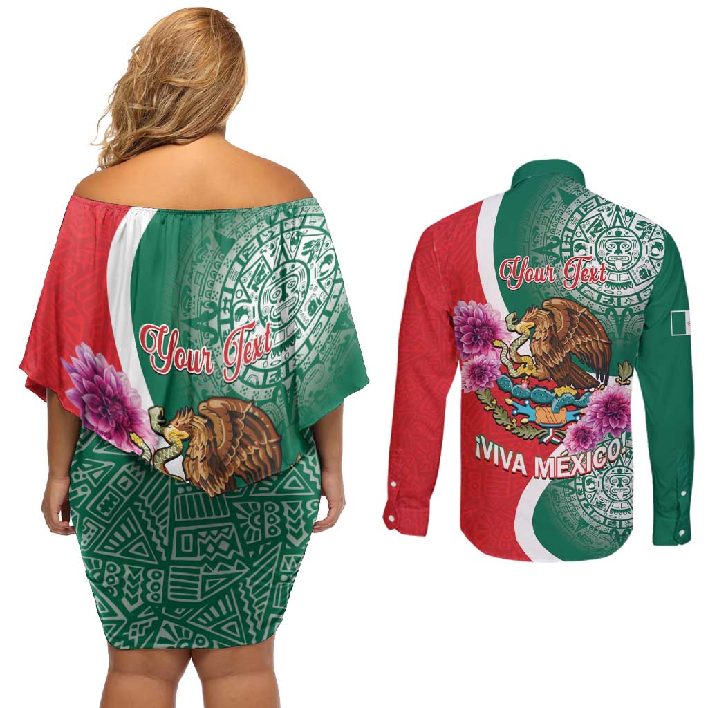 Personalized Mexico Independence Day Couples Matching Off Shoulder Short Dress and Long Sleeve Button Shirt 16 De Septiembre Mexican Aztec - Wonder Print Shop