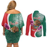 Personalized Mexico Independence Day Couples Matching Off Shoulder Short Dress and Long Sleeve Button Shirt 16 De Septiembre Mexican Aztec - Wonder Print Shop