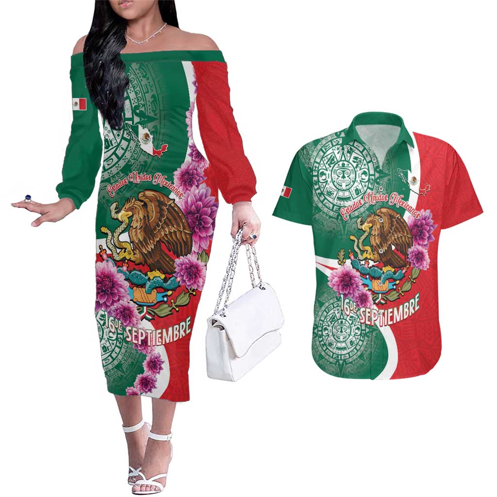 Personalized Mexico Independence Day Couples Matching Off The Shoulder Long Sleeve Dress and Hawaiian Shirt 16 De Septiembre Mexican Aztec - Wonder Print Shop
