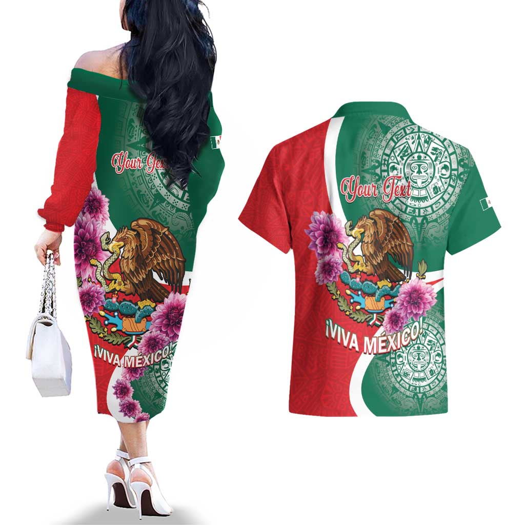 Personalized Mexico Independence Day Couples Matching Off The Shoulder Long Sleeve Dress and Hawaiian Shirt 16 De Septiembre Mexican Aztec - Wonder Print Shop