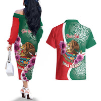 Personalized Mexico Independence Day Couples Matching Off The Shoulder Long Sleeve Dress and Hawaiian Shirt 16 De Septiembre Mexican Aztec - Wonder Print Shop