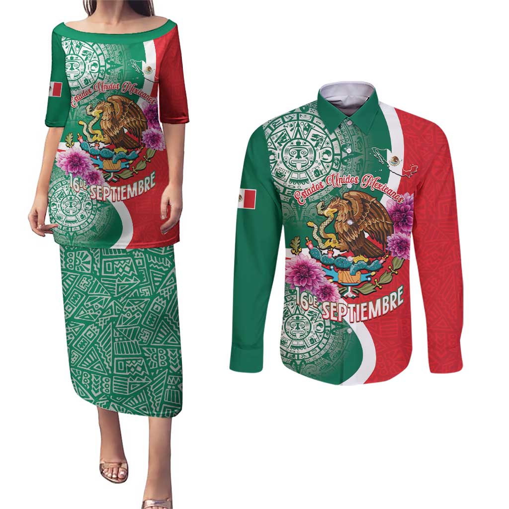 Personalized Mexico Independence Day Couples Matching Puletasi and Long Sleeve Button Shirt 16 De Septiembre Mexican Aztec - Wonder Print Shop