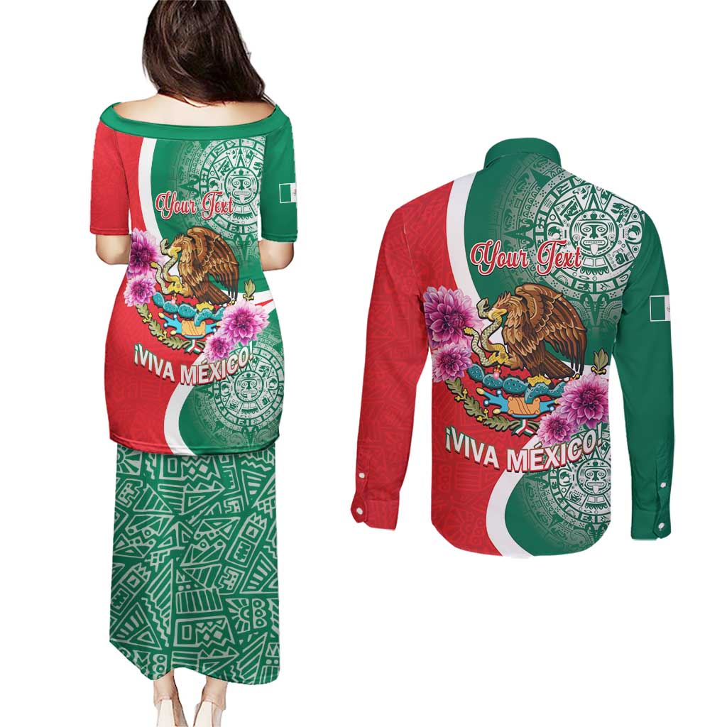 Personalized Mexico Independence Day Couples Matching Puletasi and Long Sleeve Button Shirt 16 De Septiembre Mexican Aztec - Wonder Print Shop