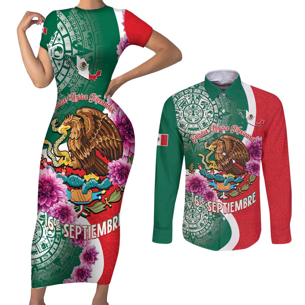 Personalized Mexico Independence Day Couples Matching Short Sleeve Bodycon Dress and Long Sleeve Button Shirt 16 De Septiembre Mexican Aztec - Wonder Print Shop