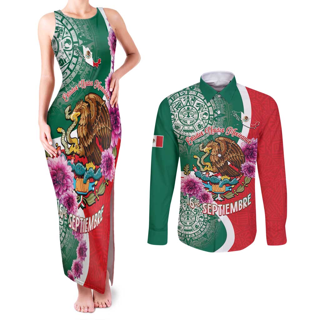 Personalized Mexico Independence Day Couples Matching Tank Maxi Dress and Long Sleeve Button Shirt 16 De Septiembre Mexican Aztec - Wonder Print Shop