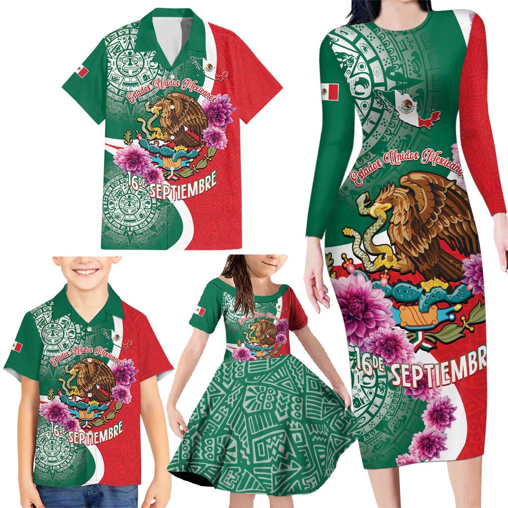 Personalized Mexico Independence Day Family Matching Long Sleeve Bodycon Dress and Hawaiian Shirt 16 De Septiembre Mexican Aztec - Wonder Print Shop