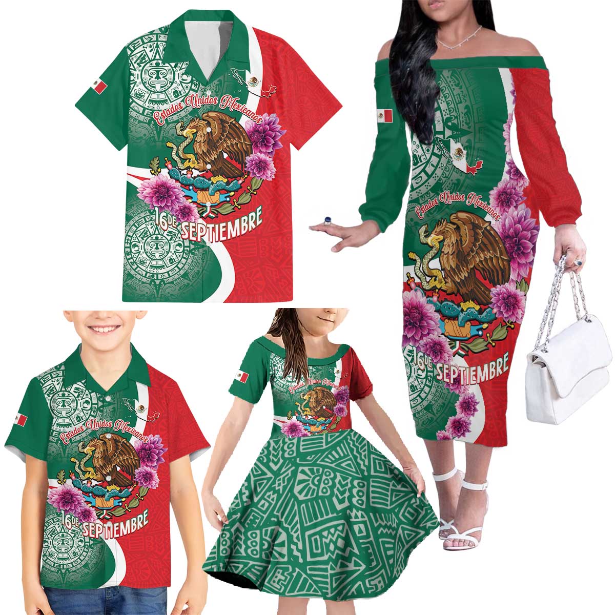 Personalized Mexico Independence Day Family Matching Off The Shoulder Long Sleeve Dress and Hawaiian Shirt 16 De Septiembre Mexican Aztec - Wonder Print Shop