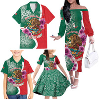 Personalized Mexico Independence Day Family Matching Off The Shoulder Long Sleeve Dress and Hawaiian Shirt 16 De Septiembre Mexican Aztec - Wonder Print Shop