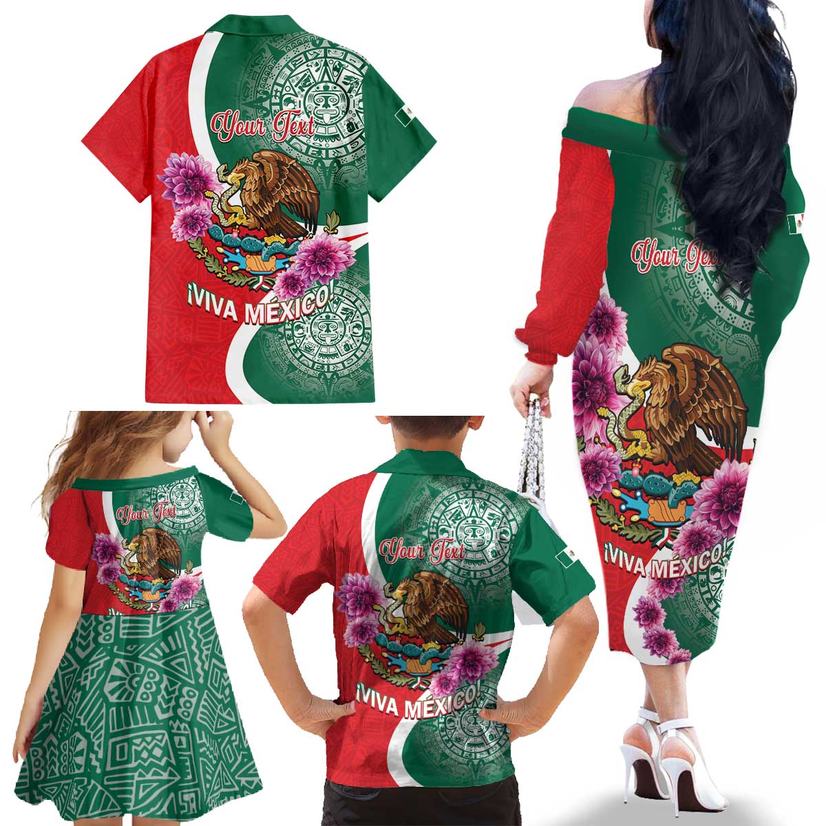 Personalized Mexico Independence Day Family Matching Off The Shoulder Long Sleeve Dress and Hawaiian Shirt 16 De Septiembre Mexican Aztec - Wonder Print Shop