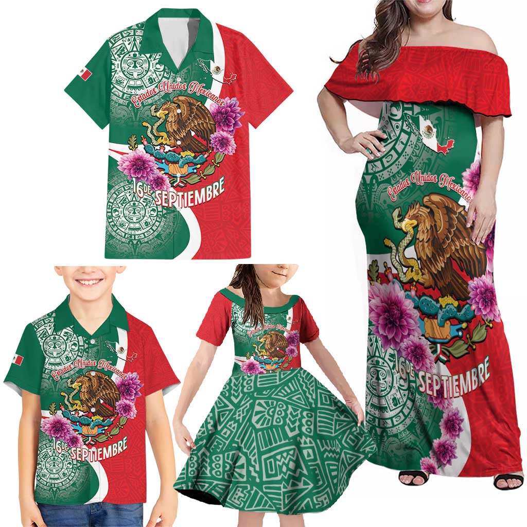 Personalized Mexico Independence Day Family Matching Off Shoulder Maxi Dress and Hawaiian Shirt 16 De Septiembre Mexican Aztec - Wonder Print Shop