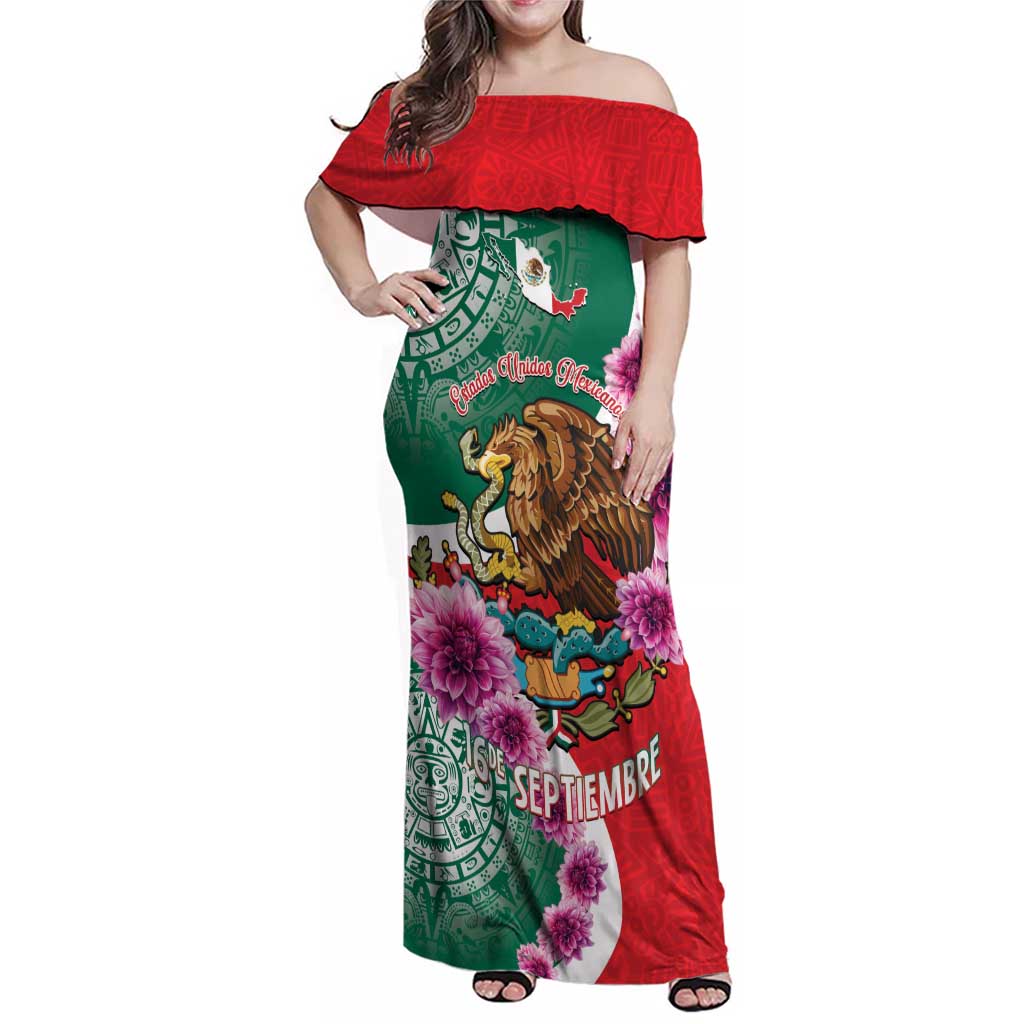 Personalized Mexico Independence Day Family Matching Off Shoulder Maxi Dress and Hawaiian Shirt 16 De Septiembre Mexican Aztec - Wonder Print Shop
