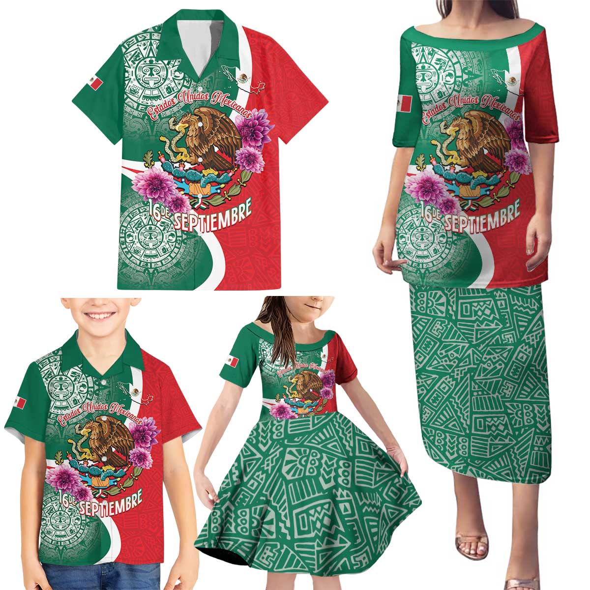 Personalized Mexico Independence Day Family Matching Puletasi and Hawaiian Shirt 16 De Septiembre Mexican Aztec - Wonder Print Shop