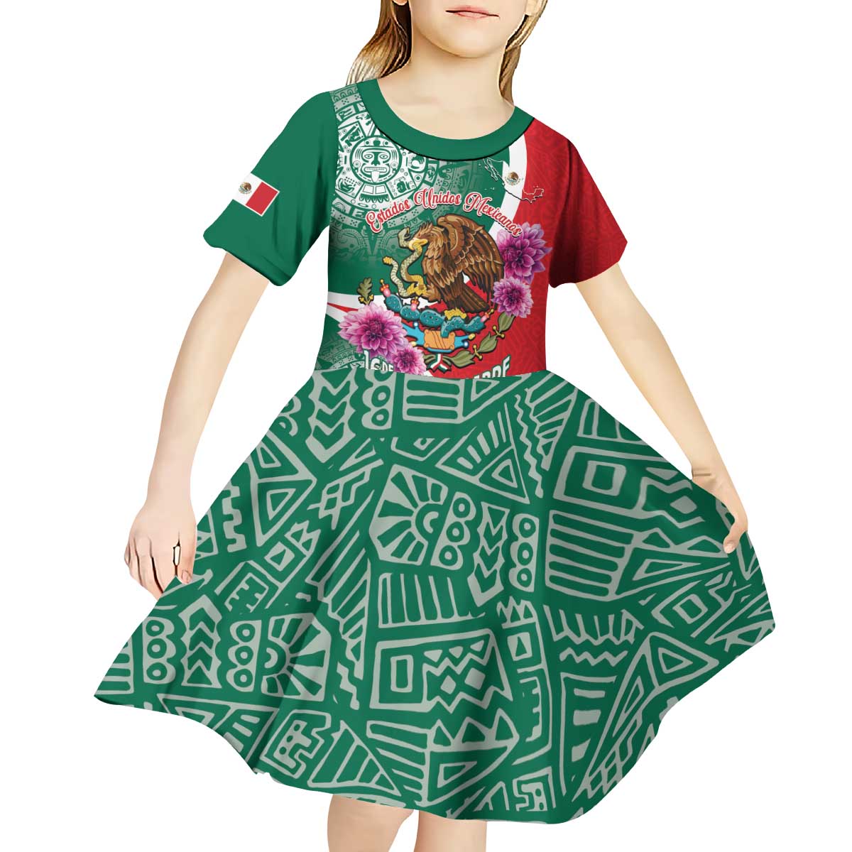 Personalized Mexico Independence Day Kid Short Sleeve Dress 16 De Septiembre Mexican Aztec - Wonder Print Shop