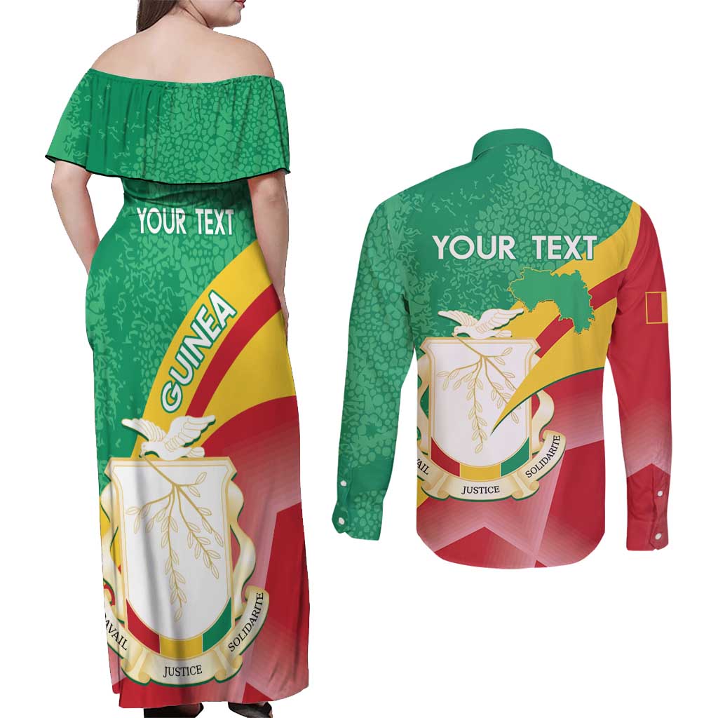 Personalised Guinea Independence Day Couples Matching Off Shoulder Maxi Dress and Long Sleeve Button Shirt Happy 2 October Guinee Coat Of Arms - Wonder Print Shop