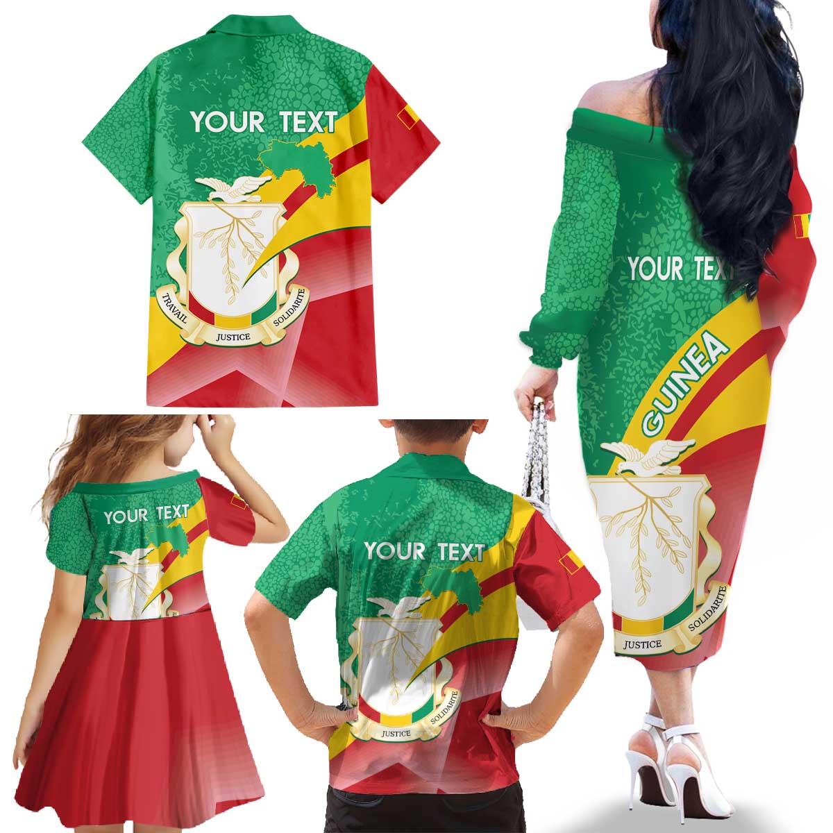 Personalised Guinea Independence Day Family Matching Off The Shoulder Long Sleeve Dress and Hawaiian Shirt Happy 2 October Guinee Coat Of Arms - Wonder Print Shop