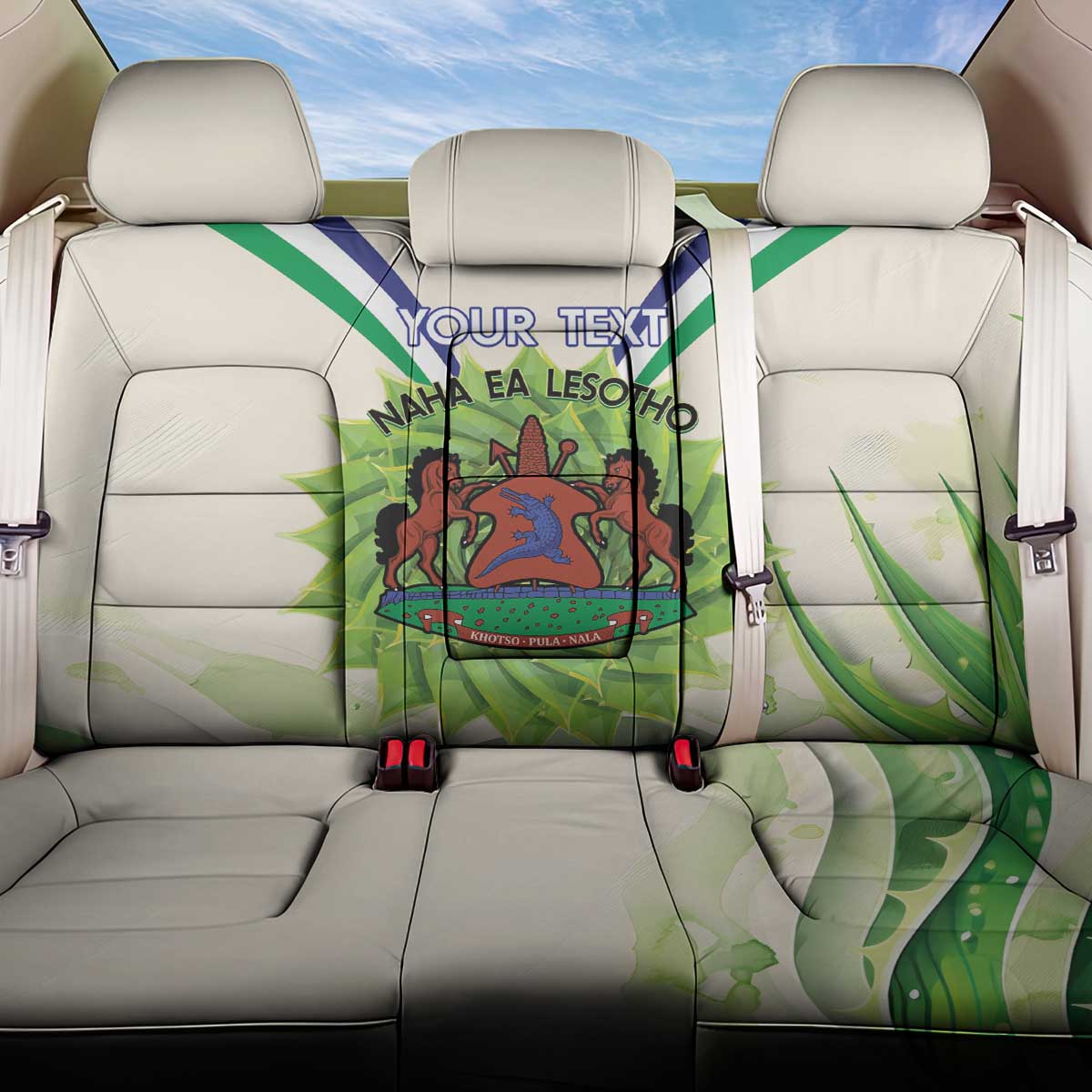 Personalised Lesotho Independence Day Back Car Seat Cover Aloe Polyphylla Mix Coat Of Arms - Wonder Print Shop