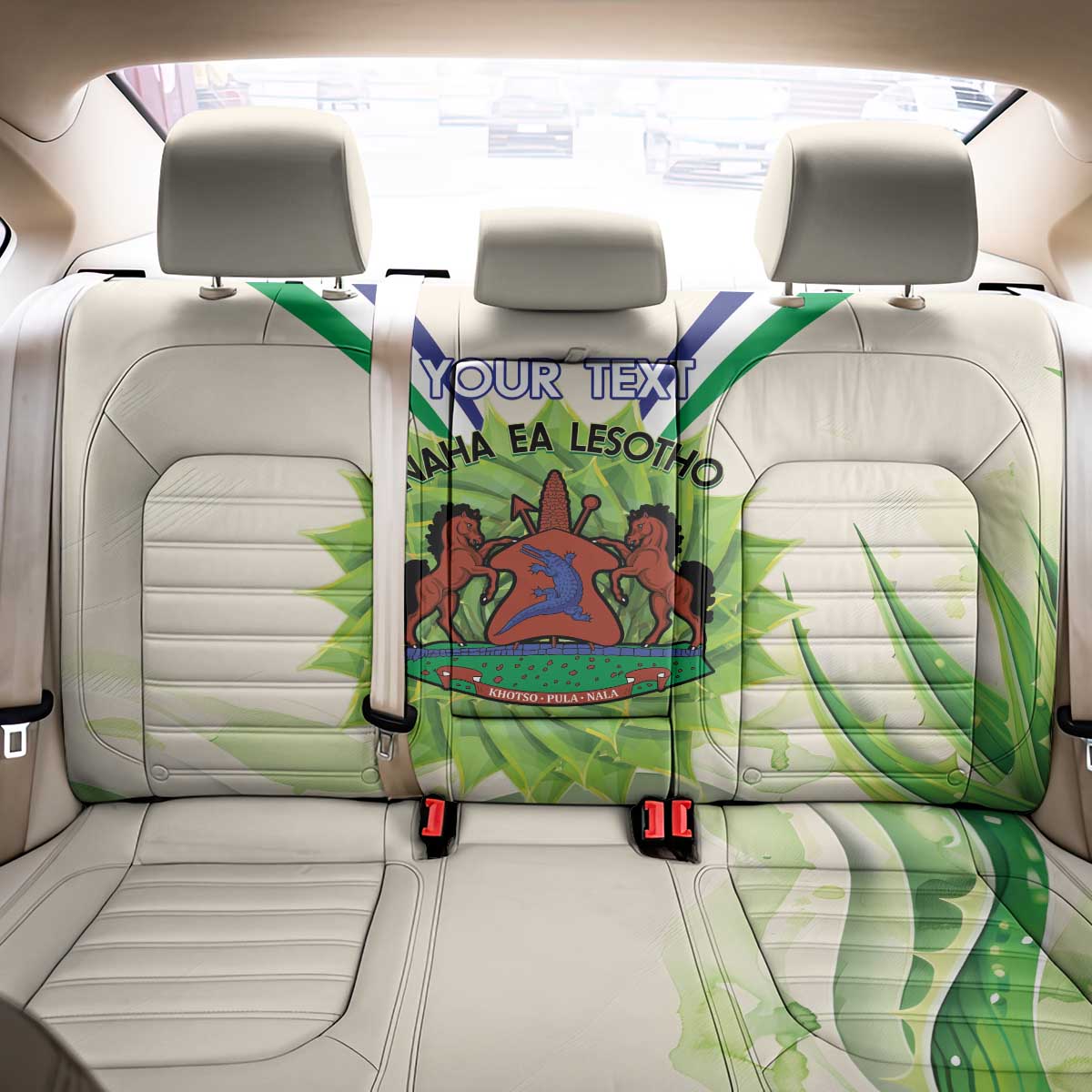 Personalised Lesotho Independence Day Back Car Seat Cover Aloe Polyphylla Mix Coat Of Arms - Wonder Print Shop