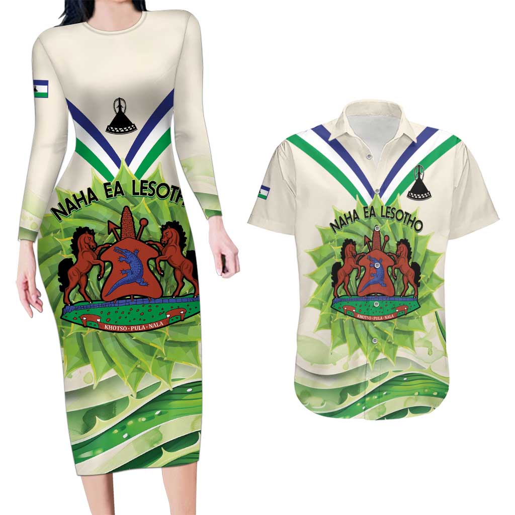 Personalised Lesotho Independence Day Couples Matching Long Sleeve Bodycon Dress and Hawaiian Shirt Aloe Polyphylla Mix Coat Of Arms - Wonder Print Shop