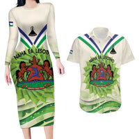 Personalised Lesotho Independence Day Couples Matching Long Sleeve Bodycon Dress and Hawaiian Shirt Aloe Polyphylla Mix Coat Of Arms - Wonder Print Shop