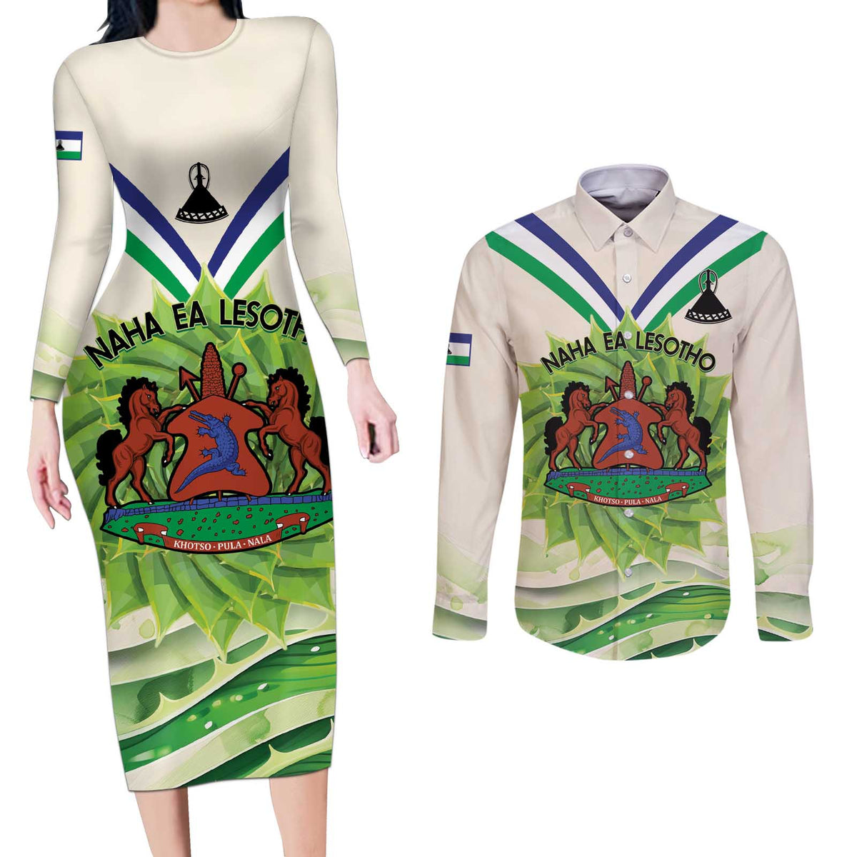 Personalised Lesotho Independence Day Couples Matching Long Sleeve Bodycon Dress and Long Sleeve Button Shirt Aloe Polyphylla Mix Coat Of Arms - Wonder Print Shop