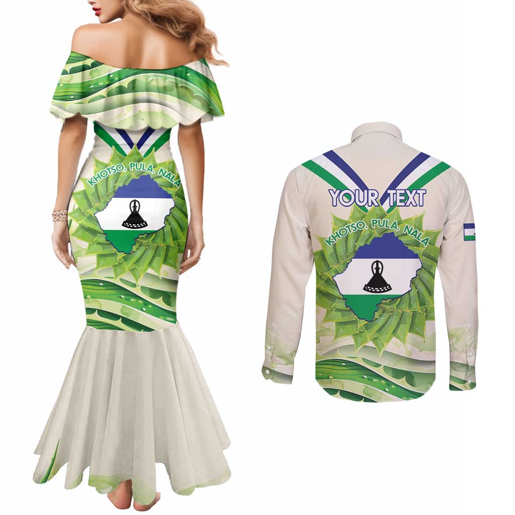 Personalised Lesotho Independence Day Couples Matching Mermaid Dress and Long Sleeve Button Shirt Aloe Polyphylla Mix Coat Of Arms
