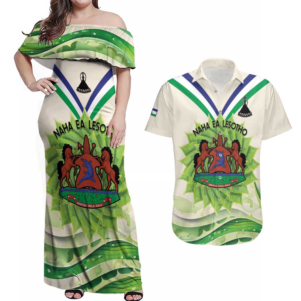 Personalised Lesotho Independence Day Couples Matching Off Shoulder Maxi Dress and Hawaiian Shirt Aloe Polyphylla Mix Coat Of Arms - Wonder Print Shop