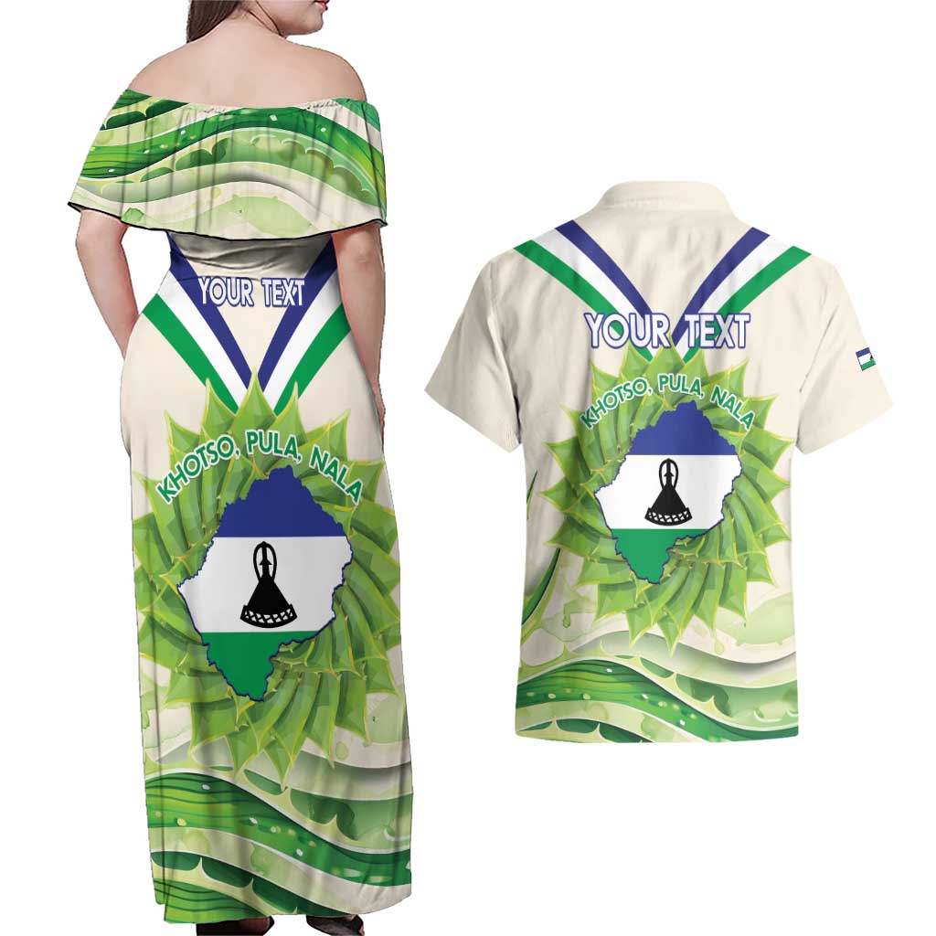 Personalised Lesotho Independence Day Couples Matching Off Shoulder Maxi Dress and Hawaiian Shirt Aloe Polyphylla Mix Coat Of Arms - Wonder Print Shop