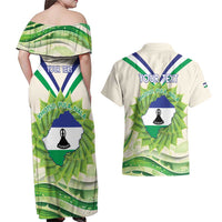 Personalised Lesotho Independence Day Couples Matching Off Shoulder Maxi Dress and Hawaiian Shirt Aloe Polyphylla Mix Coat Of Arms - Wonder Print Shop